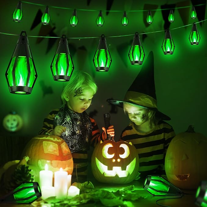 iBaycon 27FT 10 LED Solar Flame Halloween String Lights Outdoor, Green | Ultra-Real Flickering Flame Lamp Outdoor Waterproof, Solar Patio String Lights for Garden Yard Lawn Halloween Decorations