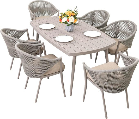 Nuu Garden Outdoor 7 Piece Dining Set, Woven Rope Conversation Chairs with Seat Cushions and Tufted Pillows, Aluminum Dining Table with 2.76" Umbrella Hole, Ideal for Patio, Lawn, Garden, Porch, Beige