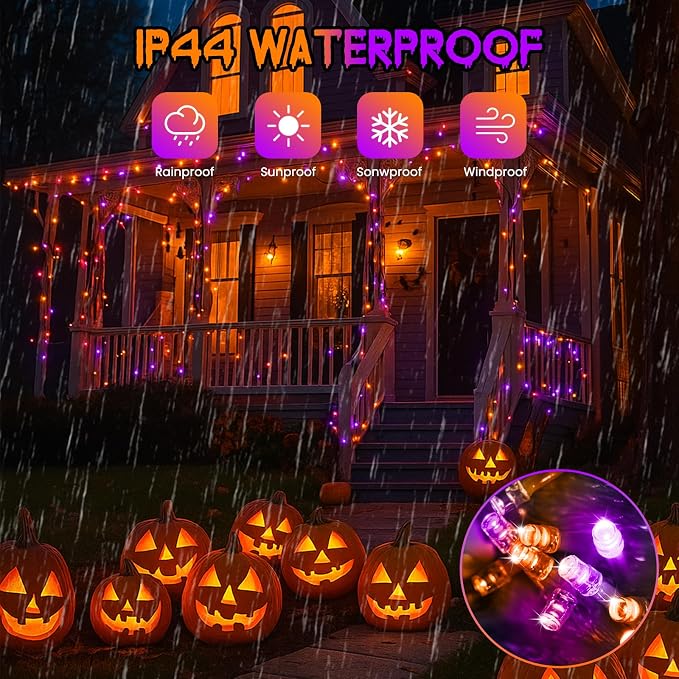 200 LED Connectable String Lights, 66FT Christmas Lights Outdoor Indoor | Orange & Purple, 13 Modes, Timer, Clear Wire Waterproof Twinkle Fairy Lights Plug in for Halloween Bedroom Patio Tree Decor