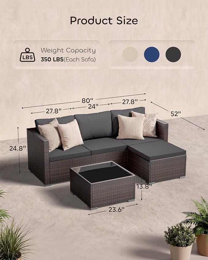Skyfish Patio Furniture Set - Wide Armrests - All-Weather 5 Piece Outdoor Wicker Sectional Couch with Chaise Lounge,Couch Conversation Set, PE Rattan Sofa for Backyard Porch Poolside Brown/Medium Gray