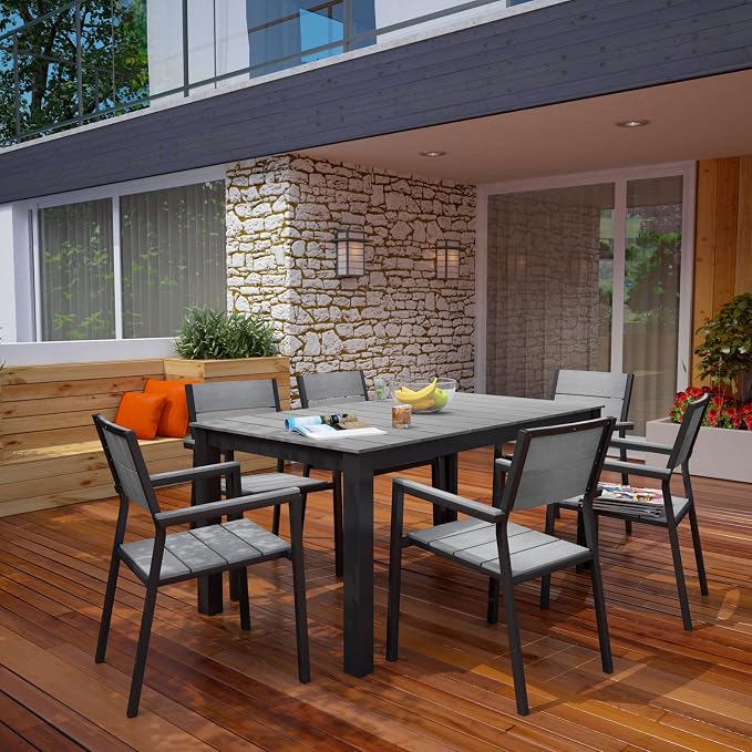 Modway Maine 7-Piece Aluminum Dining Table and Chair Outdoor Patio Set in Brown Gray