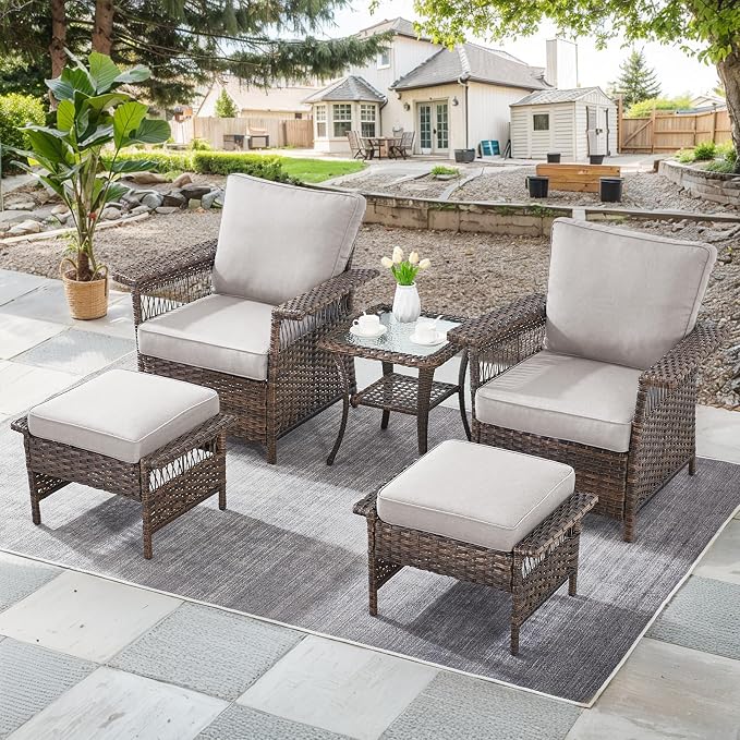 Brown Wicker Patio Set - 5pcs Conversation Set with 2 Chairs, 2 Ottomans, 1 Side Table & Beige Cushions for Garden, Balcony or Backyard