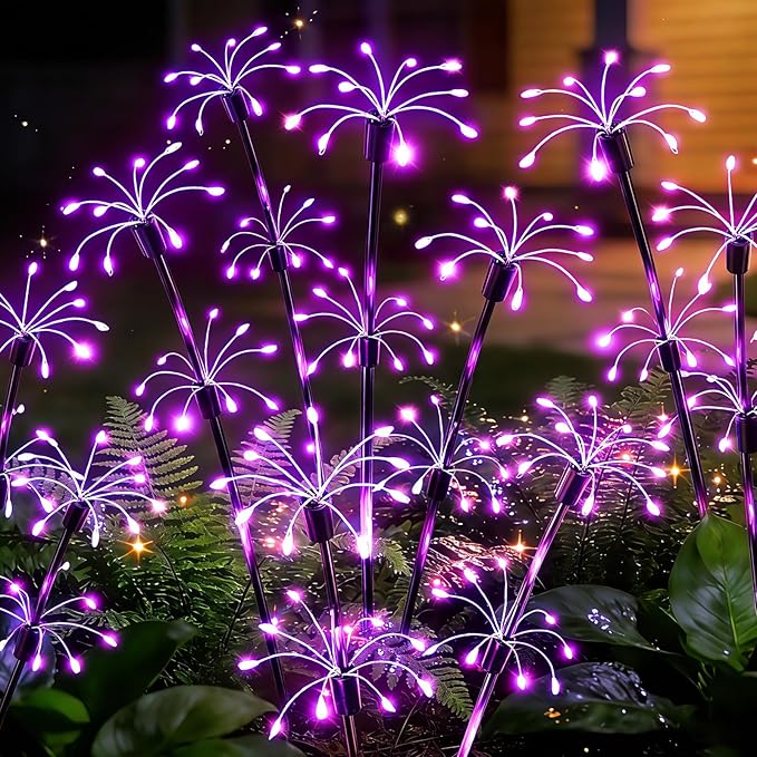 Solar Garden Lights Outdoor, 4 Pack 2-Layer Purple Solar Firework Lights | ﻿Purple Halloween Decoration, Waterproof Starburst Fairy Light Garden Decor for Christmas Yard Patio Pathway Lawn