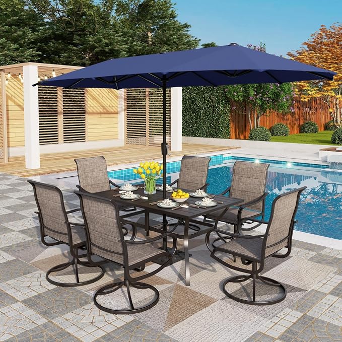 PHI VILLA Patio Dining Set with 13ft Outdoor Navy Blue Umbrella, 6 Padded Textilene Dining Chair and 1 Large Metal Table, Outdoor Table and Chair for Patio Lawn Garden (No Umbrella Base)