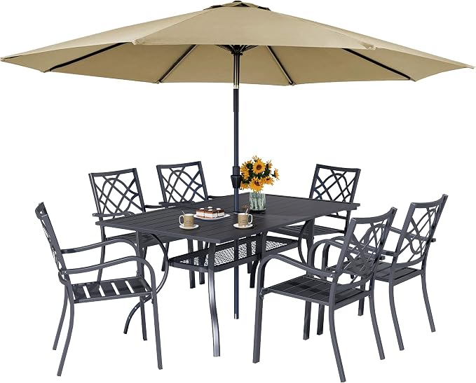 Crownland 7 Piece Outdoor Patio Metal Dining Sets, 6 Stackable Metal Chairs and Rectangular Outdoor Dining Table with with Khaki 9FT Round Outdoor Umbrella, for Backyard, Garden (Classic Black)