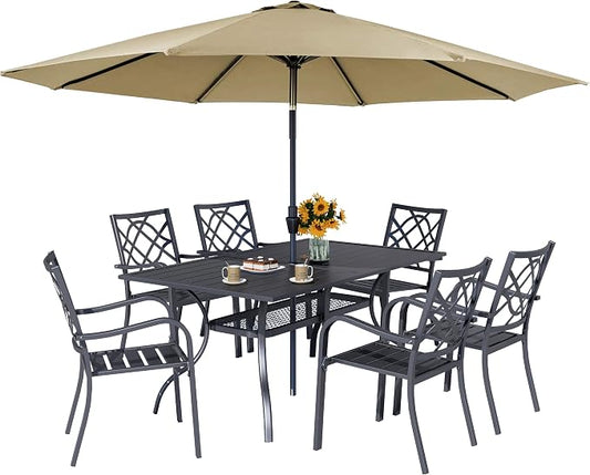 Oakcloud 7-Piece Patio Dining Set with Brown Umbrella, Outdoor Metal Furniture Dining Table Set 6 Stackable Patio Dining Chairs and Rectangle Dining Table with Umbrella Hole