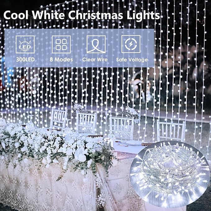 300 LED String Lights, 99FT Extra-Long Christmas Lights Outdoor Indoor | Cool White, 13 Modes, Timer, Clear Wire Waterproof Twinkle Fairy Lights Plug in for Bedroom Classroom Patio Xmas Tree Decor