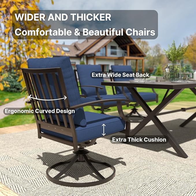 Gotland 14 Piece Outdoor Dining Set, Metal Outdoor Table and Swivel Chairs with X-Shaped Legs 1.5" Umbrella Hole, Patio Furniture Set with Waterproof Cushions, Patio Dining Sets for Backyard Navy