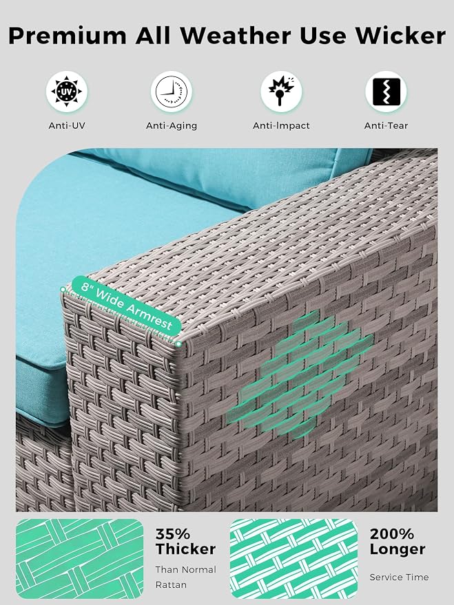 3 Piece Outdoor Patio Furniture Set,High Back Wicker Swivel Rocker Patio Chairs with 4" Thickened Cushions & Coffee Table, All-Weather PE Rattan for Garden, Backyard, Porch, Turquoise