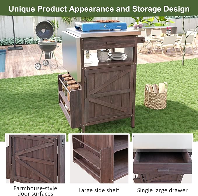 Solid Wood Outdoor Small Grill Table Kitchen Island with Stainless Steel Drop Leaf, Farmhouse Serving Cart with Drawer and Wheels, Outdoor Side Bar Table for Patio, Lawn Garden, Kitchen, Brown