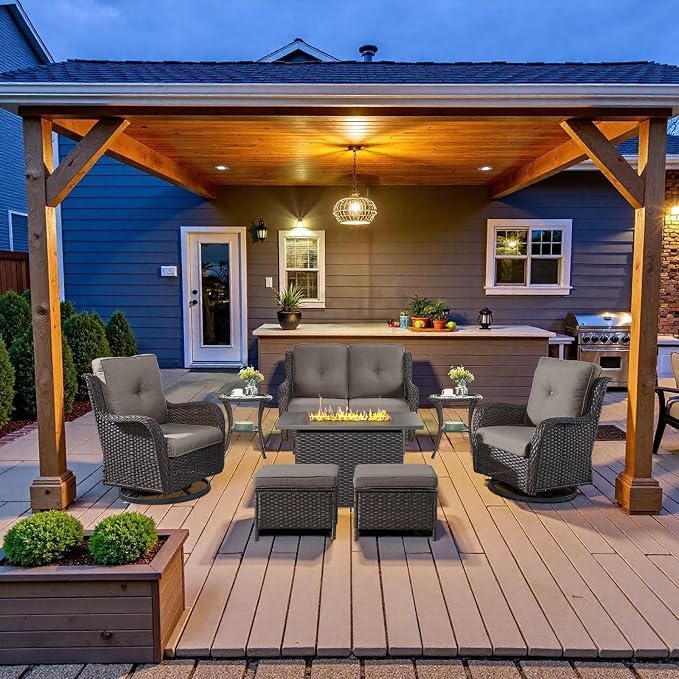 Belord Patio Furniture Set with Fire Pit Table,8 Piece Wicker Outdoor Furniture Set, Swivel Rocker Chairs with Ottomans and Loveseat, All Weather Patio Conversation Set, Pool,Yard, Brown Wicker/Gray