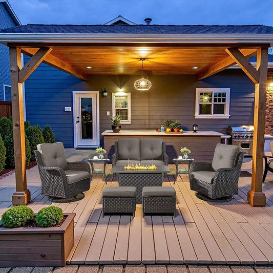 Belord Patio Furniture Set with Fire Pit Table,8 Piece Wicker Outdoor Furniture Set, Swivel Rocker Chairs with Ottomans and Loveseat, All Weather Patio Conversation Set, Pool,Yard, Brown Wicker/Gray