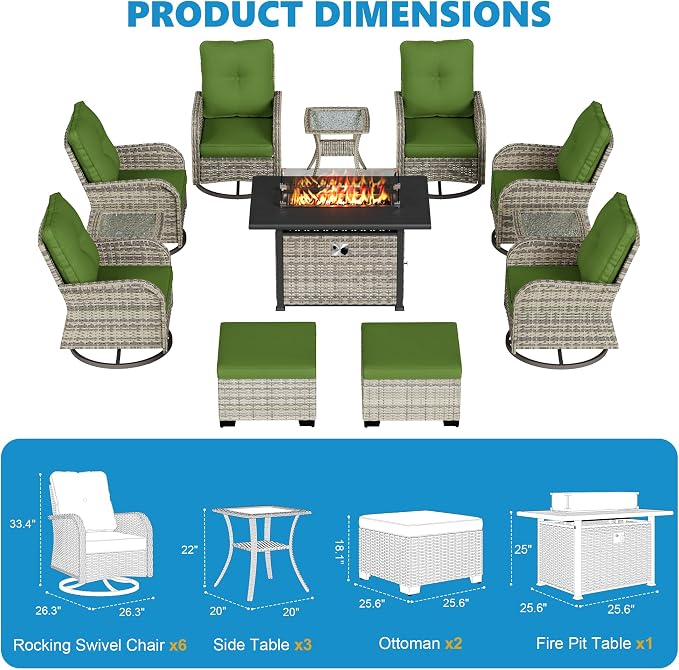 12-Piece Small Patio Furniture Set, Outdoor Swivel Rocking Chairs Set with 55,000 BTU Fire Pit Table Wicker Chairs and Ottomans, Patio Bistro Set for Balcony, Deck, Porch, Grass Green