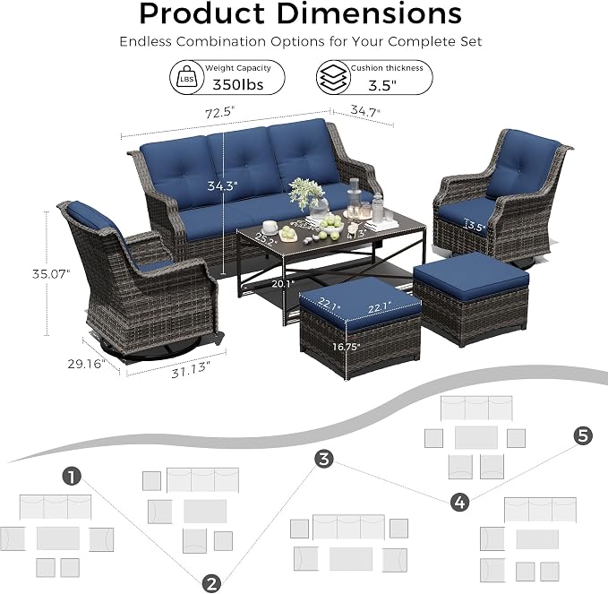 Outdoor Patio Furniture Set, 6 Piece Wicker Patio Furniture with Thick Cushions, Curved Armrest, Deep Seating, Outdoor Swivel Rocker Chairs for Porch, Deck, Balcony