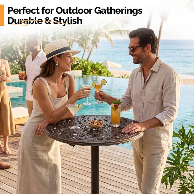 VINGLI 40" Outdoor Bar Table, High Top Table, Cast Aluminum Outdoor Pub Table 40-Inch Height, Round Bar Table Bistro Table for Patio, Cocktail, Bistro(28" Dia x 40 H)