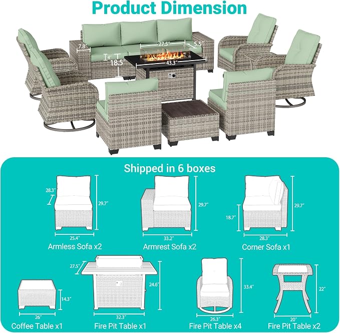 13-Piece Outdoor Patio Furniture Set with Rocking Swivel Chair, PE Wicker Rattan Sectional Sofa Patio Conversation Set with 55,000 BTU Fire Pit Table & Coffee Table, Light Green