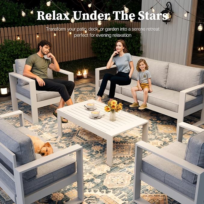 4 Piece Modern Aluminum Patio Furniture Set, Outdoor Patio Sectional Conversation Metal Seating Sets with Olefin Cushion and Coffee Table