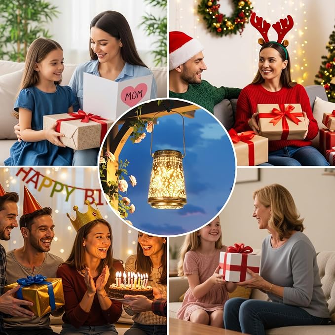 4 Pack Solar Lanterns Outdoor Waterproof, Birthday Gifts for Women Mom | Hollow-Out Metal Butterfly Lantern, 2 Lighting Modes, Outside Hanging Solar Lights for Christmas Decorations, Garden Decor