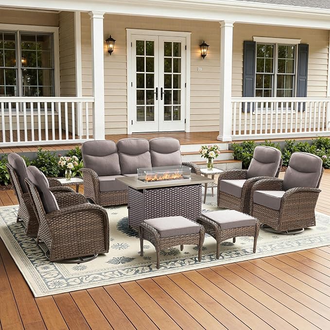 10-Piece Luxury Patio Furniture Set with 42.5" Fire Pit Table, Outdoor Wicker Sofa Couch & Swivel Rocker Chairs with 6-inch Thick Cushion, Conversation Set for Poolside, Deck & Yard - Gray