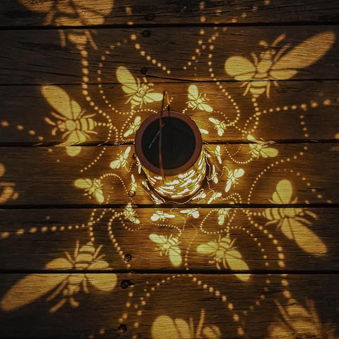 Solar Honeybee Lanterns Outdoor Hanging Decor Lantern,Waterproof Hollow Out Retro Metal Decorative Garden Light,Graceful Decoration for Patio,Yard,Landscape,Walkway,Festival