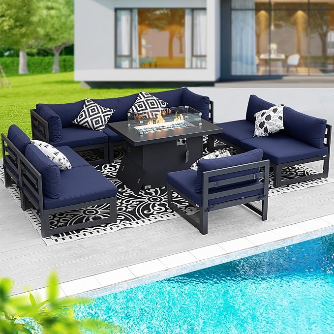BULEXYARD 9 Piece Large Modern Aluminum Outdoor Patio Furniture Set with Fire Pit Table, 29 inch Wide Deep Seat, Rust Proof Comfy Sectional Sofa, 500 lbs Sturdy Front Yard Conversation Set, Navy Blue
