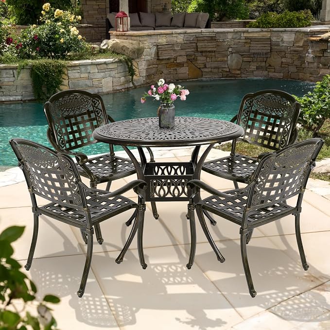 5-Piece Outdoor Patio Dining Set, All-Weather Cast Aluminum Patio Furniture Table and Chairs Set with 2" Umbrella Hole, 35.4" Round Table and 4 Chairs for Backyard Garden Deck