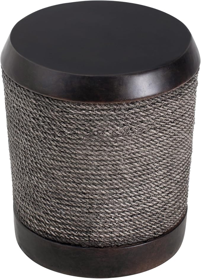 Outdoor Side Table, Small Round Pedestal End Table with Rope Texture & Vintage Trim, Farmhouse Boho Accent Table for Indoor Outdoor Living Room Bedroom Patio, No Assembly, 15.7" D x 18.1" H