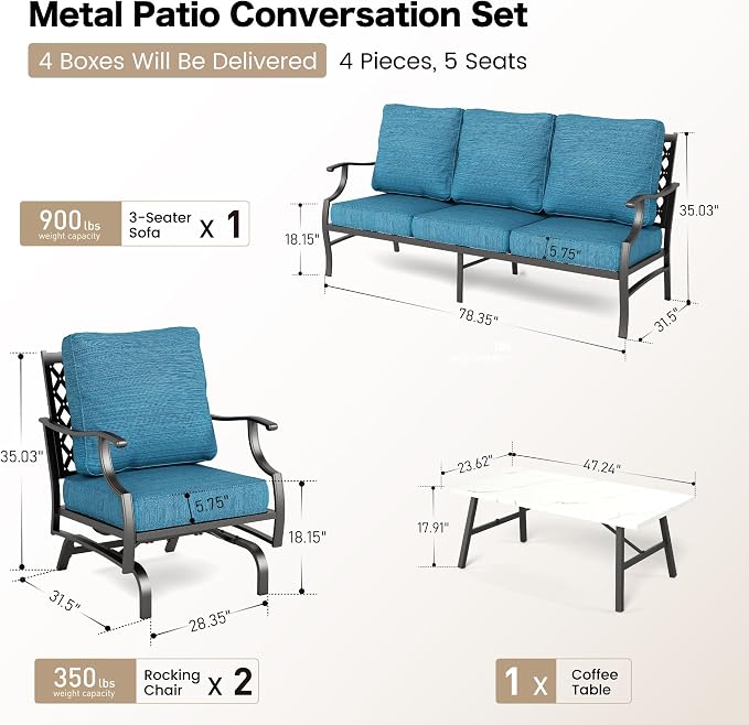 SUNSHINE VALLEY 4 Piece Metal Outdoor Patio Furniture Set, Patio Conversation Set 3-seater Sofa, 2 Rocking Chair with 5.75" Extra Thick Cushion and Coffee Table, Black Frame Backyard Furniture, Blue-2