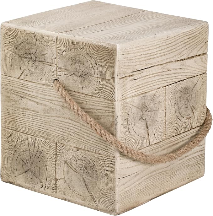 IRONORA Rustic Square Wood-Grain Outdoor Side Table with Rope Handle, Weathered Whitewashed Accent Table, Farmhouse Patio End Table for Backyard Garden
