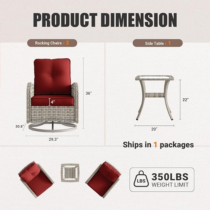 Patio Rocking Swivel Chair Outdoor Wicker Rattan Bistro Set with Tempered Glass Side Table, Outdoor Patio Furniture Set for Garden, Deck, and Balcony, Red