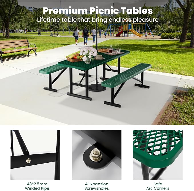 6FT Outdoor Metal Picnic Table with 2 Benches,Heavy Duty Rectangular Picnic Table Set for Outside, Waterproof Commercial Restaurant Table Furniture for Park, Campfield, Patio, Garden, Yard