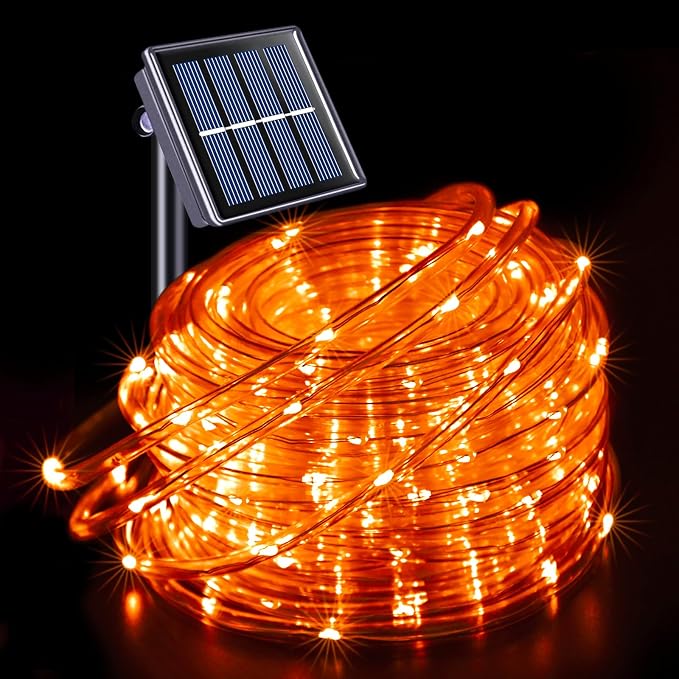 JMEXSUSS 66 ft 200 LED Orange Halloween Solar Rope Lights with 8 Modes | Rope Lights Outdoor Waterproof, Orange Christmas String Lights for Halloween Thanksgiving Fall Party Tree Fence Christmas
