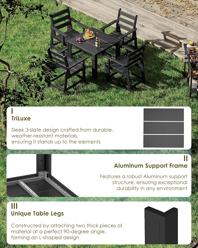 GREENVINES Outdoor-Dining-Table | 35” | HDPE | Patio Furniture | Square Tables for 4 | All-Weather | for Poolside Backyard Garden | Black