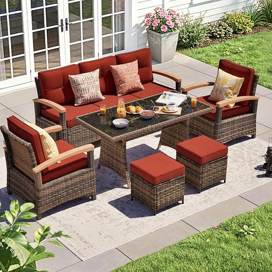 MEISSALIVVE 6 Pieces Patio Furniture Sets, PE Wicker Outdoor Conversation Sets with 2 Wood Armrests Single Chairs, 2 Ottomans and Dining Table (Red)
