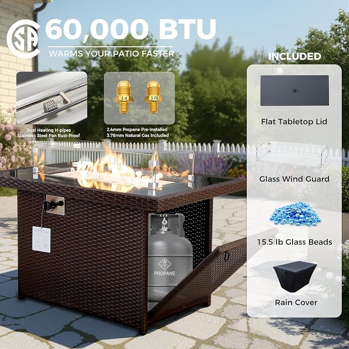 BULEXYARD 11 Piece High Back Wicker Patio Furniture Sets with Fire Pit, Luxury Extra Large Size Outdoor Seating Set, Comfortable Extra Wide Deep 10-Seater Sectional Couch Sofa for Outside, Brown & Red