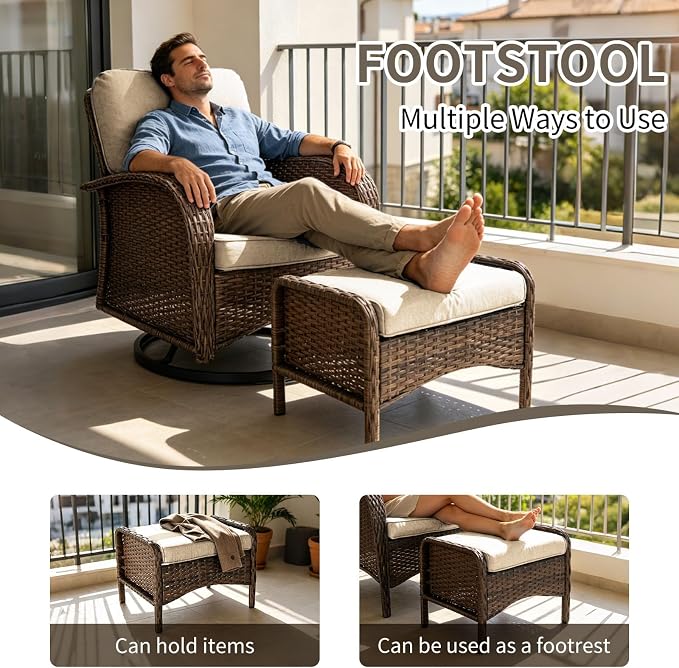 Outdoor Swivel Rocker Patio Chairs (Brown Wicker/Khaki Cushion, 5PC/Swivel & Side Table & Ottomans)