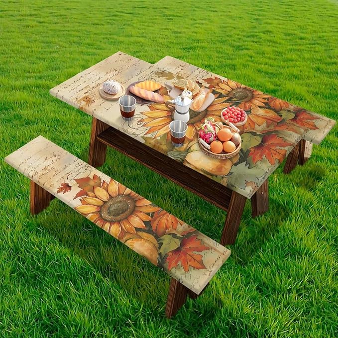 Sunflower 3 Pcs Picnic Table Cover with Bench Covers 3 Piece Set 30 x 94 Inch Picnic Foldable Picnic Table and Bench Fitted Tablecloth Cover for Outdoor BBQ Holiday Party Camping