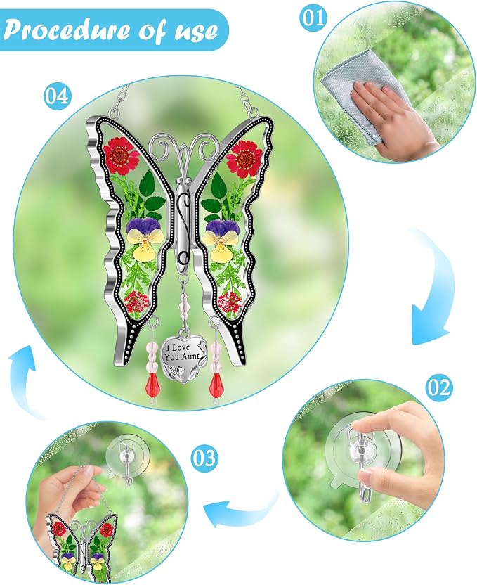 KY&BOSAM Gifts for Aunt Butterfly Suncatcher Stained Glass Windows Hanging | Keychain for Wind Chime,I Love You Aunt Charm,Pressed Real Flowers,Glass,Gifts for Aunt Birthday Mothers Day Christmas