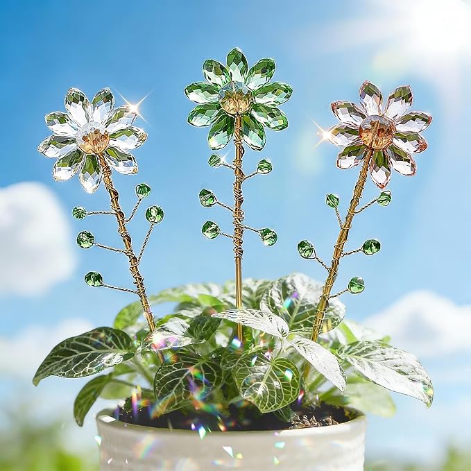 3Pcs Crystal Sunflower Suncatchers with 13'' Gold Trellis Metal Plant Stake | Glass Plant Suncatcher Garden Stakes for Indoor Outdoor Garden Potted Plants Decorations Plant Lover Gift(Clear, Green, Pink)