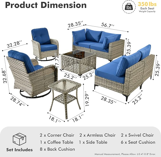 8 Pieces Wicker Patio Furniture Set,Outdoor Sectional Sofa with Swivel Chairs Coffee Table,Outside Deep Seat Rattan Couch Conversation Set,Navy Blue