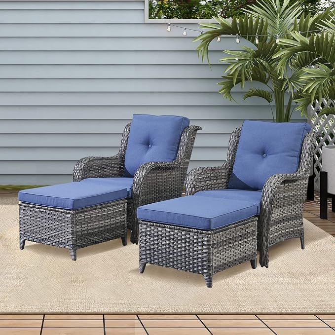 Rilyson Wicker Patio Furniture Set - 4 Piece Rattan Outdoor Sectional Conversation Sets with 2 Chairs and 2 Ottomans for Porch Deck Garden(Mixed Grey/Blue)