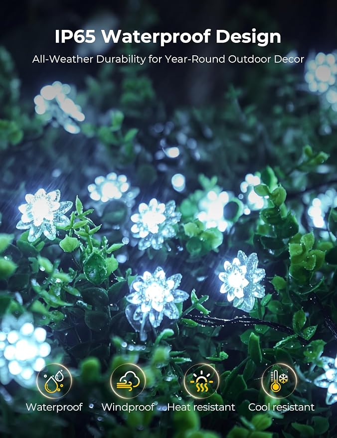 Brightown 50 LED Flower Solar String Lights Outdoor Waterproof, White | Solar Powered Fairy Lights with 8 Modes for Garden Yard Fence Patio Christmas Balcony Holiday Party Decor
