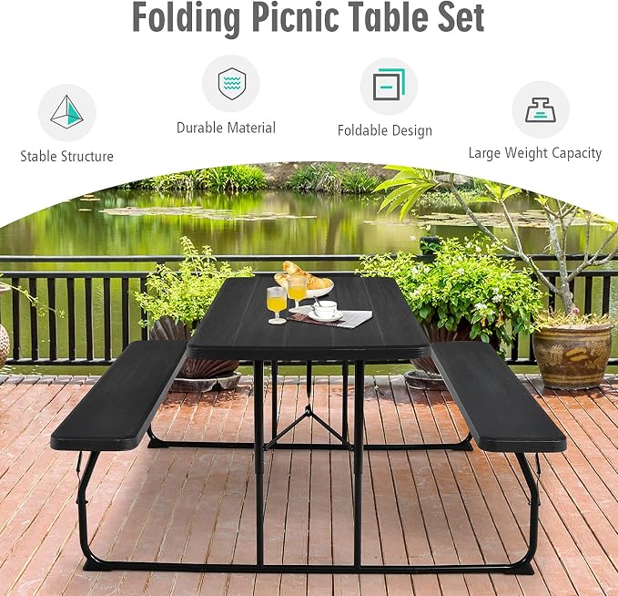 S AFSTAR Folding Picnic Table Bench Set, Foldable Picnic Table with 2 Benches, Outdoor Table and Bench W/Steel Frame & Wood-Like Texture Tabletop, Camping Table Chair Set for Garden Patio Lawn (Black)