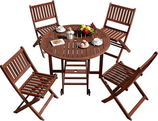 Greesum 5 Piece Patio Dining Set Outdoor Acacia Wood Furniture All-Weather Folding Round Table and Chairs for Backyard, Balcony, Porch, Deck, Garden, Dark Brown