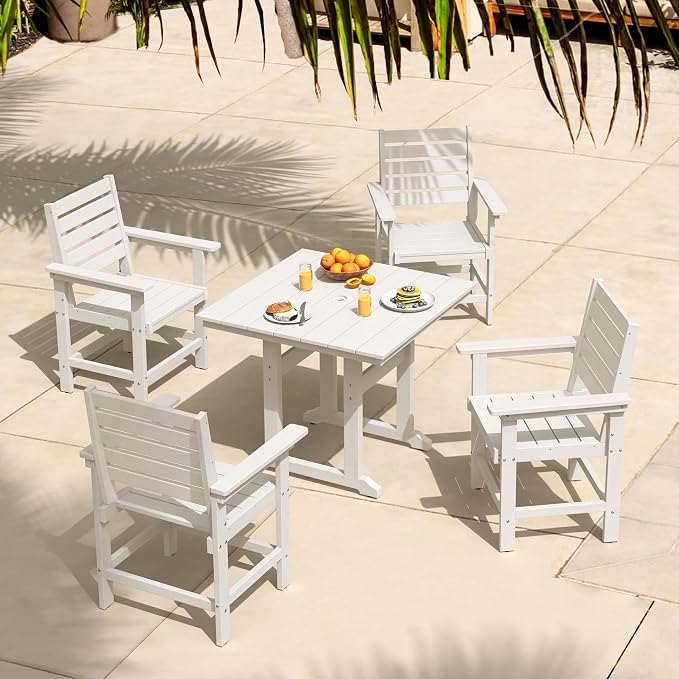 5 Piece Patio Dining Set, 35" Square HDPS Weather Resistant Outdoor Table & 4 Patio Chairs Set with 1.96" Umbrella Hole, Heavy Duty for Small Space Backyard Balcony, White