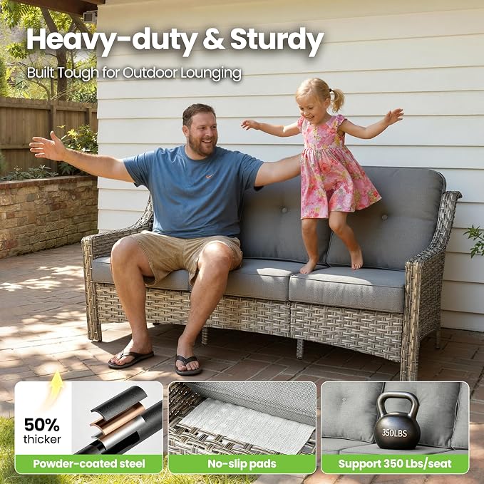 4 Piece Patio Furniture Set with Solar Light Coffee Table, Heavy Duty Wicker High Back Sofa Chairs with Thick Cushion, Small Outdoor Conversation Sets for Backyard Garden Porch, Dark Gray