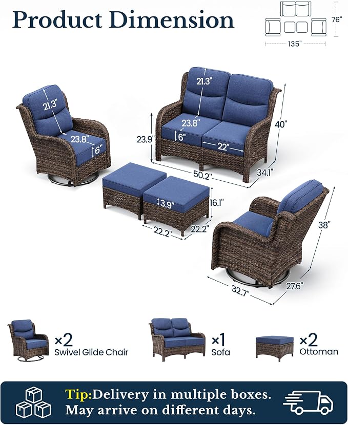 HILLGA Luxury High Back Patio Furniture Set with 6-Inch Thick Cushion, 5-Piece Outdoor Conversation Set with Loveseat, Swivel Rocker Chairs & Ottomans, Ideal for Porch Pool Deck Yard (Blue)