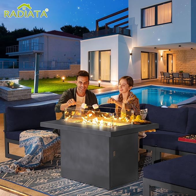 RADIATA 6 Seat L-Shaped Oversized Modern Aluminum Patio Furniture Set, All Weather Modular Sectional Sofa with Fire Pit Table, 500 lbs Heavy Duty Comfortable Outdoor Couch for Backyard Deck, Navy Blue