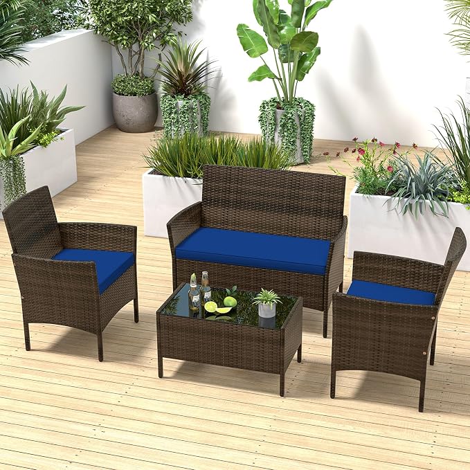 ORALNER 4 Pieces Patio Furniture Set, Rattan Chairs Loveseat with Soft Cushion and Glass Table, Outdoor Wicker Conversation Set for Balcony Garden Backyard Porch Poolside (Navy)