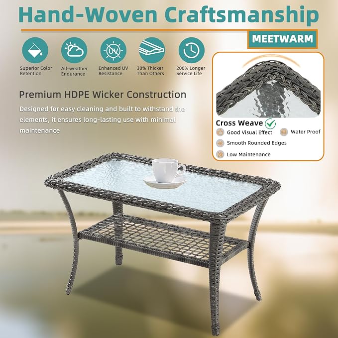 MEETWARM Wicker Patio Coffee Table, 34.5" Rectangle Outdoor Coffee Table with Tempered Glass Top and 2-Tier Storage Shelf, All-Weather Rattan Patio Side Table for Outside Poolside Deck Garden, Gray